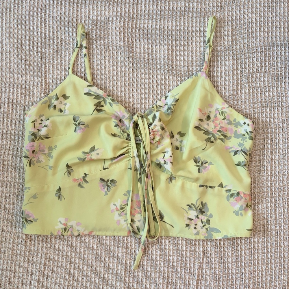 A&F Tie-Front Keyhole Cami Crop Top Light Green Floral Cottagecore Large